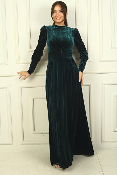 By Saygı Dlouhé sametové šaty - nařasené, detail na knoflíky a plisované