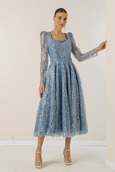 By Saygı Square Neck Long Sleeve Lined Sequined Beaded Dress