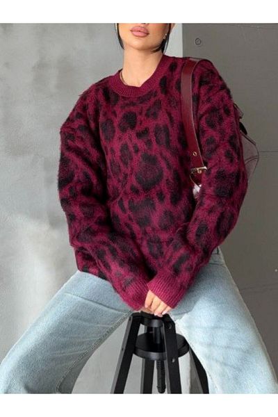 Modamorfo Leopard Print Round Neck Raised Knitwear Tunic - Cyan