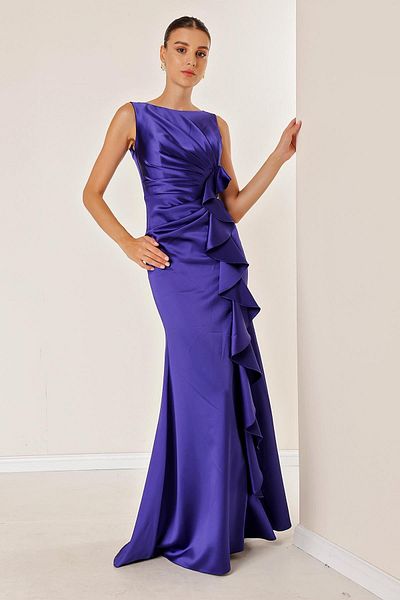 By Saygı Women's Front Draped Flounce Lined Long Satin Dress