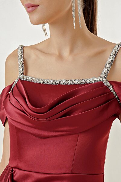 By Saygı Stone Detailed Thin Straps Low Sleeve Lined Long Satin Dress