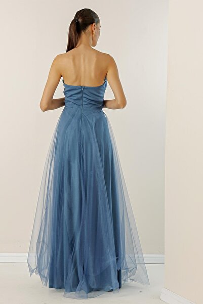 By Saygı Bez ramínek, v pase s přezkou, nařasený přední díl, dlouhé tylové šaty s podšívkou