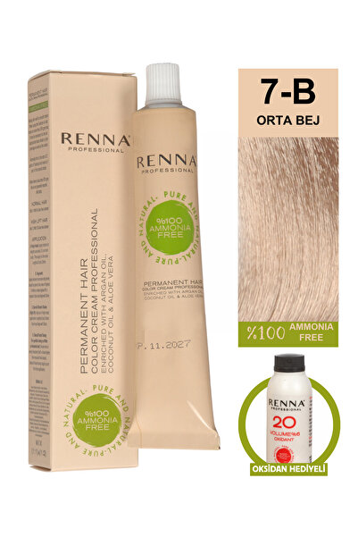 Renna Bitkisel Saç Boyası 7-B Orta Bej 60 Ml - Oksidan Hediyeli (%100 Amonyak...