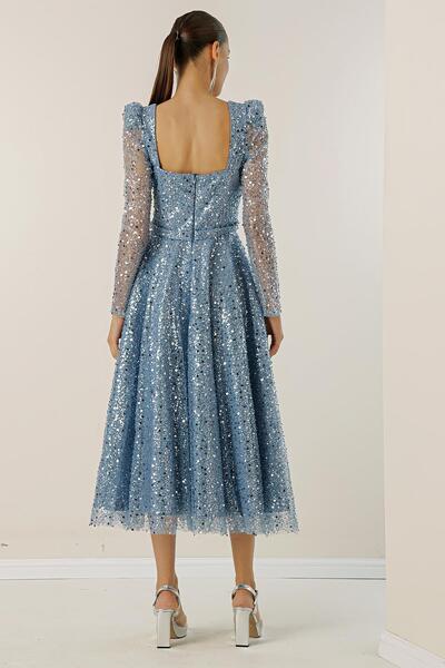By Saygı Square Neck Long Sleeve Lined Sequined Beaded Dress