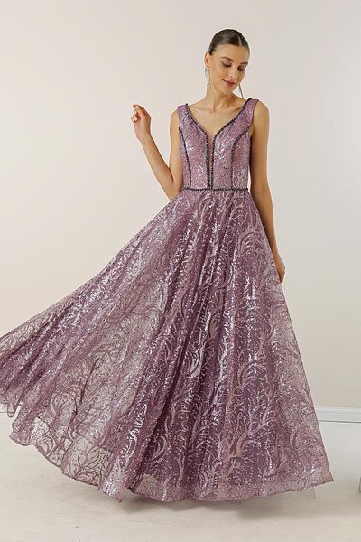 By Saygı Front Back V-Neck Beaded Detailed Lined Back Lace Sequined Glittery Long Dress