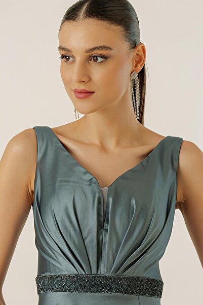 By Saygı V-Neck Thick Strap Waist Beaded Lined Wide Size Long Satin Dress