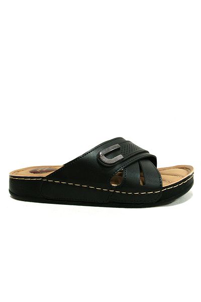 Apella Black Buckle Cross Band Anatomical Comfort Slippers