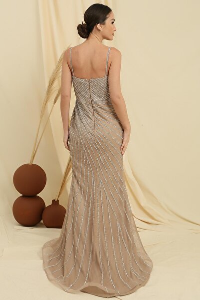 By Saygı Rope Strap Front Slit Lined Stone Embroidered Fish Dress