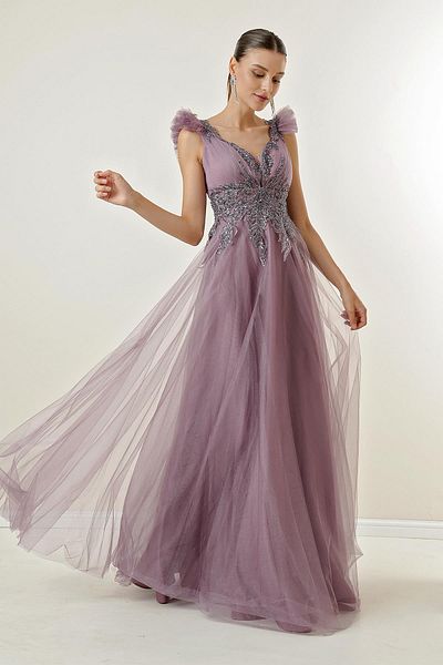 By Saygı Tie Back Beaded Embroidered Lined Tulle Long Dress