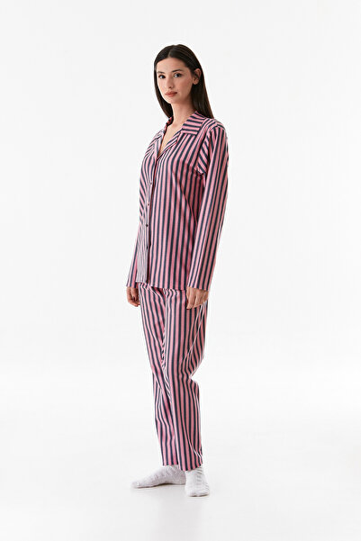 Fulla Moda Σετ πιτζάμες με ριγέ πουκάμισο γιακά σουέντ