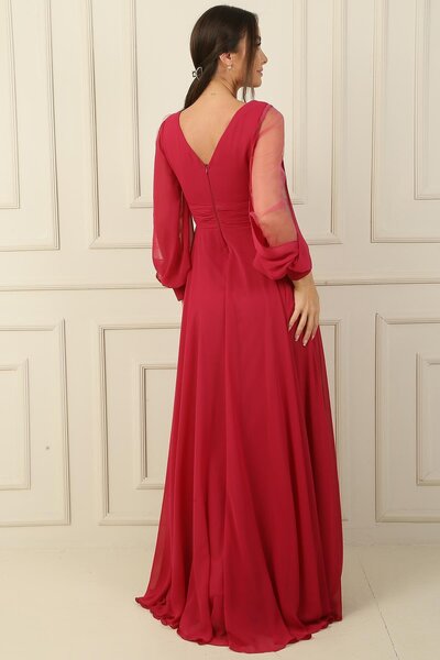 By Saygı Přední Zadní Výstřih do V Přední Nařasené rukávy Tyl Podšité Široké Šifonové šaty