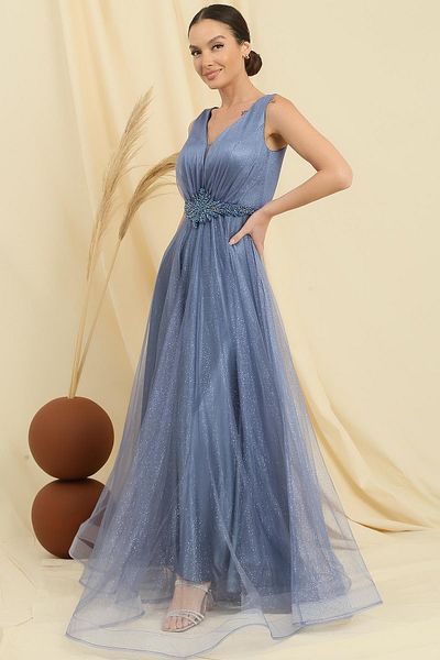 By Saygı V-neck Waist Jewelled Lined Glittery Top Inside Satin Long Princess Dress
