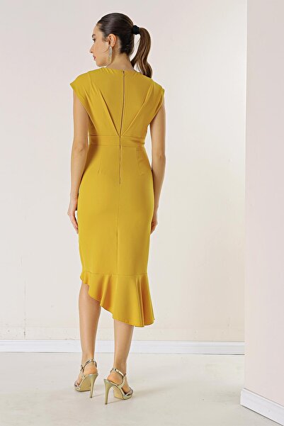 By Saygı Double Breasted Collar Flounce Front Lined Crepe Dress