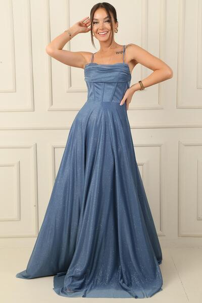 By Saygı Večerné šaty s dlhým tylovým trblietavým povrazom