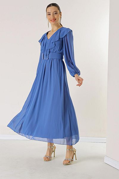 By Saygı Chiffonkleid mit Flatterkragen, Taillengürtel und Futter