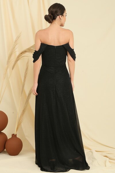 By Saygı Plisované třpytivé dlouhé tylové šaty s podšitou sukní s nízkým rukávem