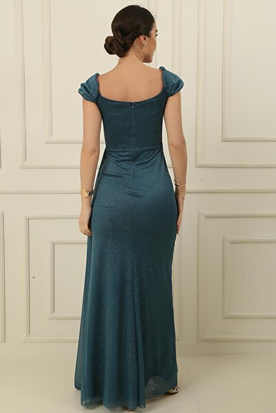 By Saygı Dlouhé lurexové šaty s nízkým rukávem vpředu s podšitou kosticí