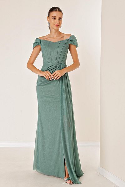 By Saygı Langes Kleid aus Lurex mit drapierten, gefütterten Bügeln und niedrigen Ärmeln vorne