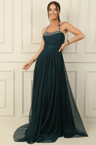 By Saygı Rochie de seară lungă din tul, căptușită cu drape și piatră