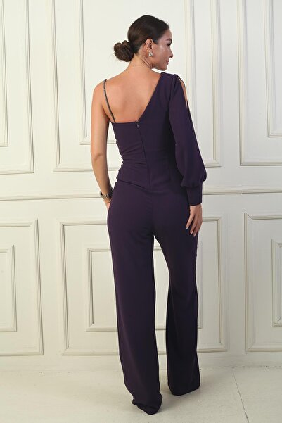 By Saygı Salopetă creponată pentru femei cu o singură mânecă cu detaliu în piatră - cu bretele de frânghie și talie decoltată