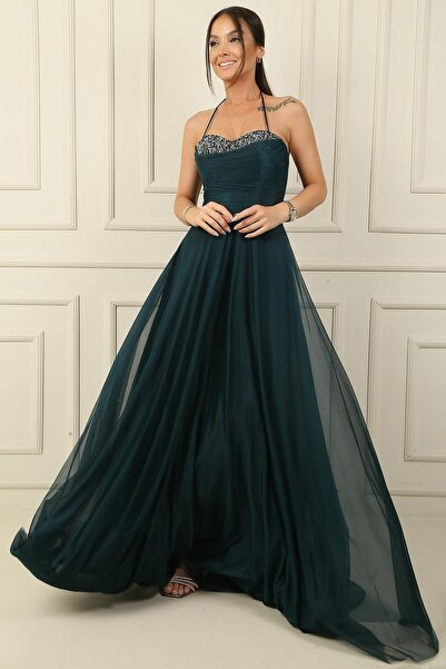 By Saygı Βραδινό φόρεμα από τούλι με μακριά ντραπέ και πέτρα