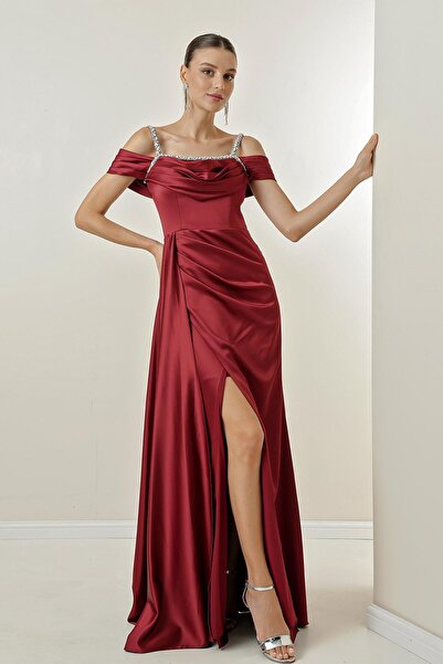 By Saygı Stone Detailed Thin Straps Low Sleeve Lined Long Satin Dress