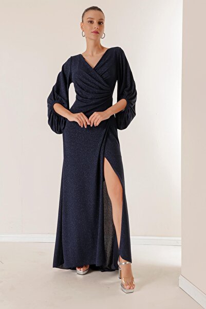 By Saygı Double Breasted Neck Front Draped Lined Glittery Long Dress