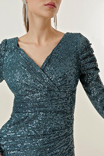 By Saygı Double Breasted Neck Front Draped Lined Sequined Long Dress