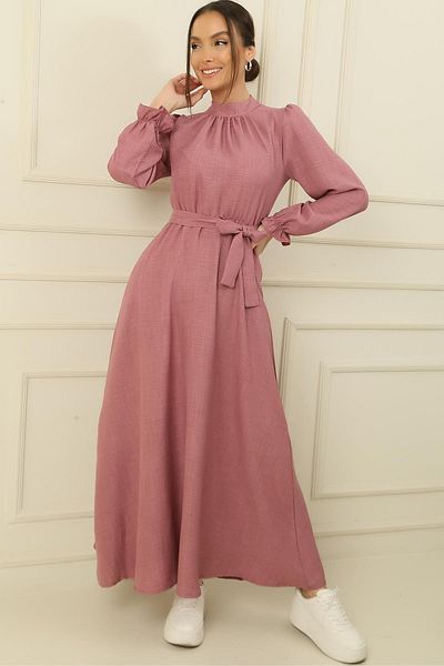 By Saygı Rochie lunga cu efect de in, cu talie cu curea si buzunare laterale