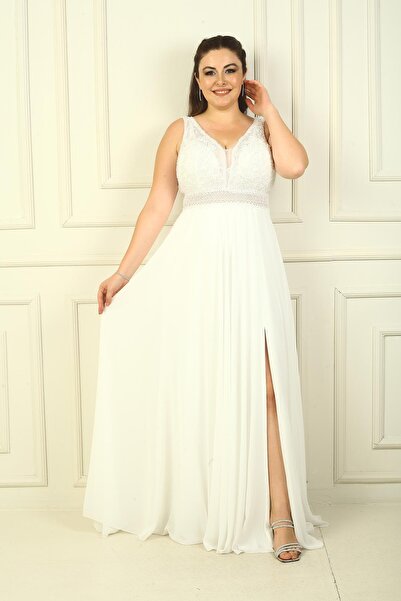 By Saygı V-Neck Beaded Flower Motif Long Chiffon Evening Dress - Lined