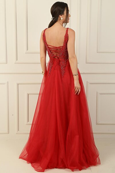 By Saygı V-Neck Bead Embroidered Long Tulle Evening Dress - Lined
