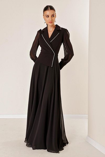 By Saygı Double Breasted Neck Stone Detailed Lined Chiffon Long Dress with Sleeves and Skirt
