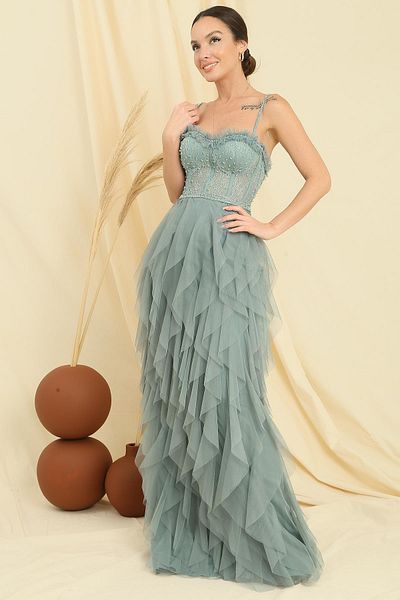 By Saygı Bead Rope Strap Strapless Handkerchief Fringed Lined Long Tulle Dress