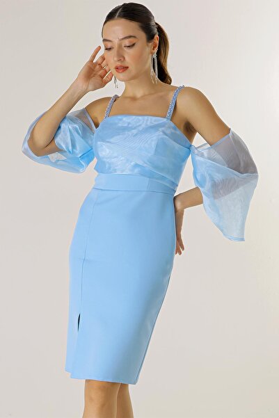 By Saygı Krepové šaty s podšívkou z korálků z organzy s nízkým rukávem