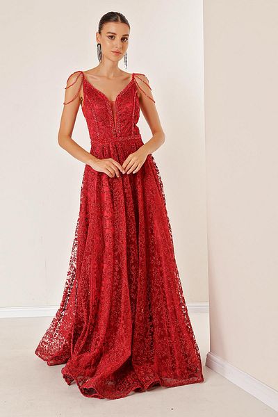 By Saygı Coral Long Dress with Thin Straps V Neck Beading Detail Back Tie Lining Glitter Flock Print