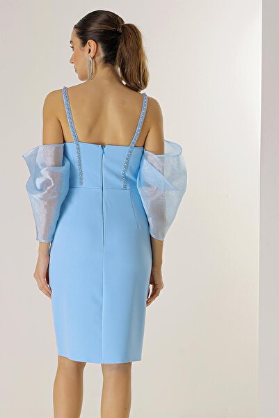 By Saygı Krepové šaty s podšívkou z korálků z organzy s nízkým rukávem