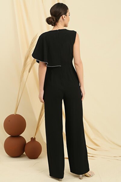 By Saygı Double Breasted Collar Single Sleeve Jewel Detailed Pocket Crepe Jumpsuit