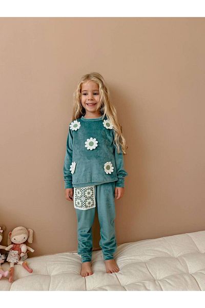 YİGİT BUTİK Daisy Embroidered Velvet Fabric Girl's Suit