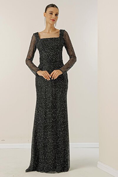 By Saygı Dlouhé šaty lemované čtvercovým výstřihem s broušenými kameny a širokou škálou velikostí