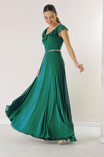 By Saygı Rochie lunga din sifon cu guler cu volan si curea in talie