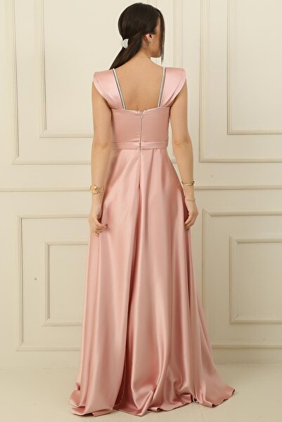 By Saygı Φόρεμα από πέτρινο λουράκι με λεπτομέρεια τετράγωνο γιακά με επένδυση μακρύ σατέν