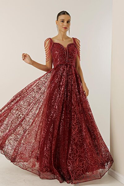 By Saygı Dlhé šaty s perličkovým detailným lemovaním s trblietavou potlačou