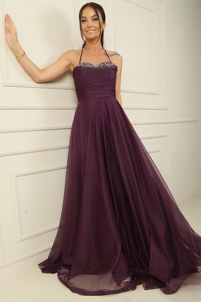 By Saygı Rochie de seară lungă din tul, căptușită cu drape și piatră