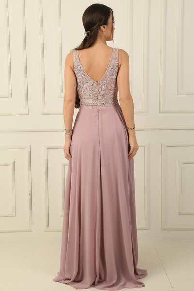 By Saygı Ön Arka V Yaka Üst Boncuklu Çiçek Motifli Astarlı Uzun Şifon Abiye Elbise