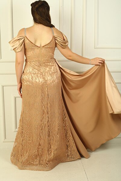 By Saygı Zincir Askılı Ön Arka V Yaka Düşük Kollu Simli Flok Baskılı Astarlı Uzun Balık Elbise