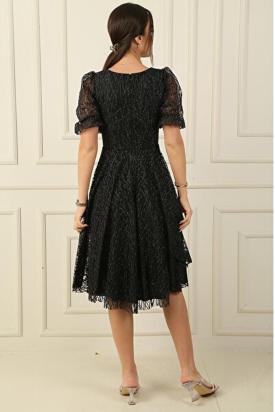 LipLipo Yarım Balon Kol Astarlı Flok Baskı Kısa Abiye Elbise