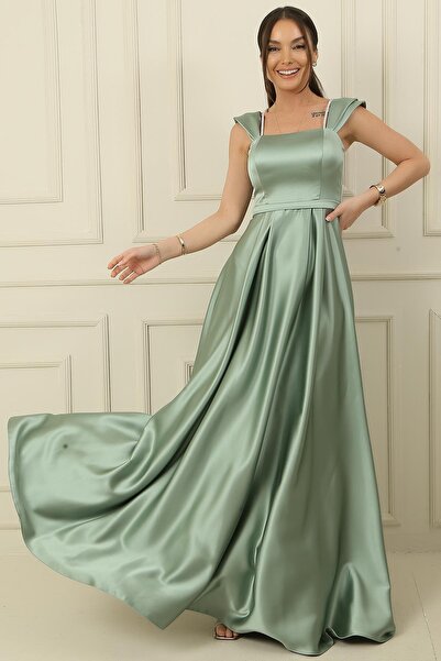 By Saygı Φόρεμα από πέτρινο λουράκι με λεπτομέρεια τετράγωνο γιακά με επένδυση μακρύ σατέν