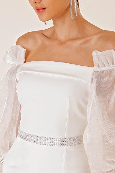 By Saygı Square Neck Sleeves Organza Front Slit Long Dress with Waist Belt