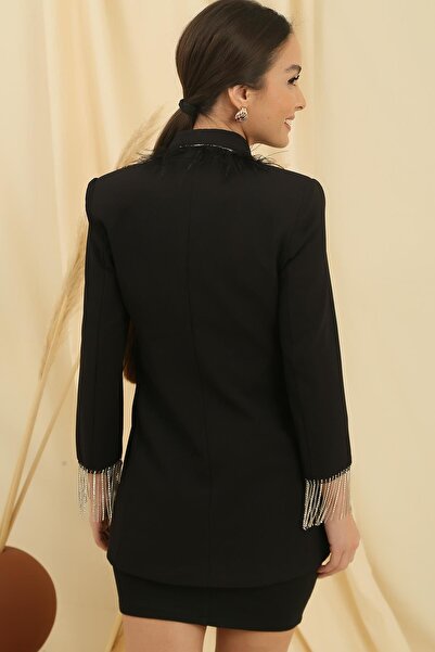 By Saygı Feather Stone Detailed and Chain Cuff Lined Jacket