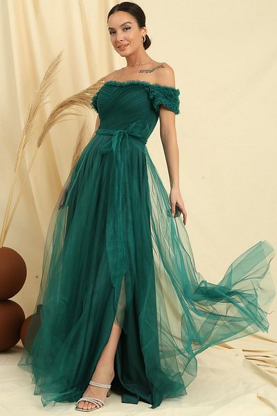 By Saygı Frilly Collar and Sleeve Belted Lined Long Tulle Dress